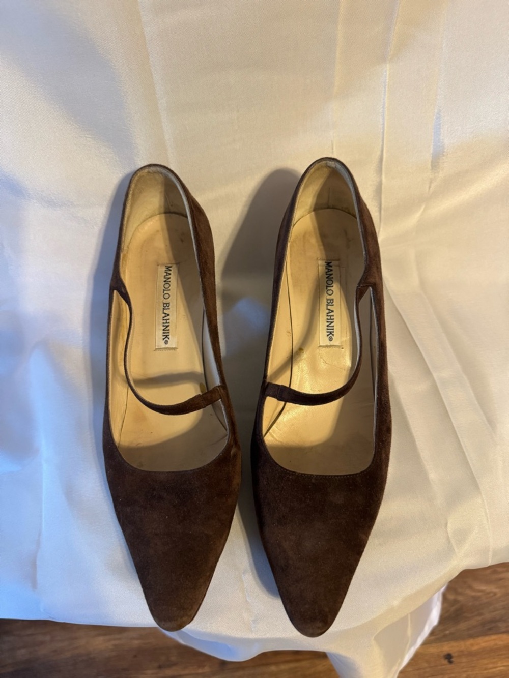 Manolo Blahnik Dark Brown Suede Mary Jane Pointed Pumps
